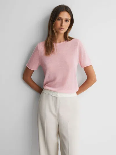 Reiss Light Pink Knitted Crew Neck T-shirt In Pink