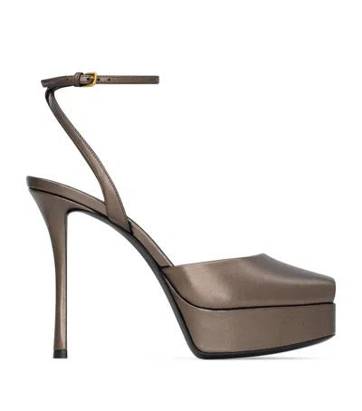 Saint Laurent La Scandale Metallic Leather Ankle-strap Sandals In Brown
