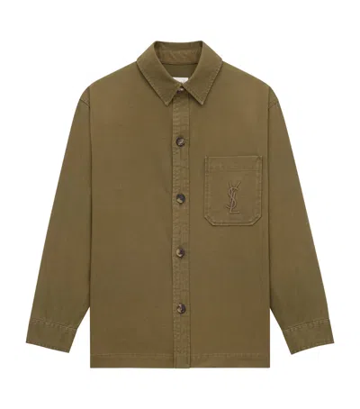 Saint Laurent Green Shirt With Classic Collar And Cassandre Embroidery On The Front In Cotton Man