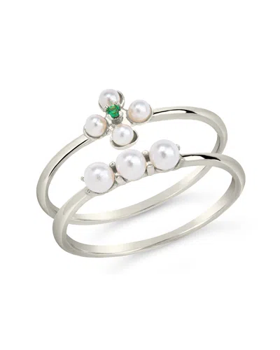 Sterling Forever Sterling Silver Cara Cz & Pearl Stacking Ring Set In Silver