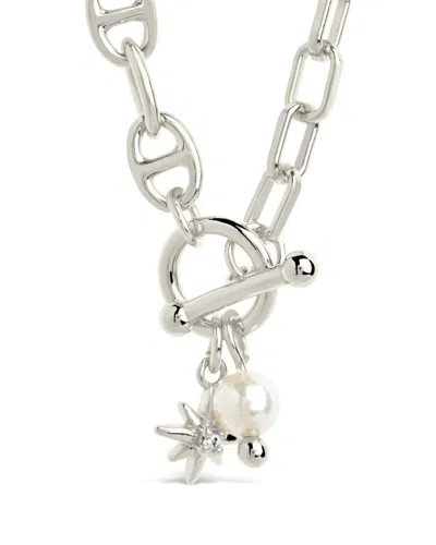 Sterling Forever Cubic Zirconia Genuine Shell Pearl Ava Toggle Necklace In Metallic