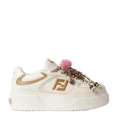 Fendi Match Low Top Platform In White Leather With Charm Women In Neutral