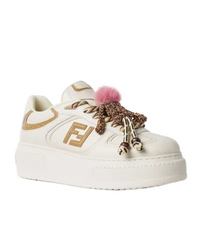 Fendi Match Low Top Platform In White Leather With Charm Women In Neutral