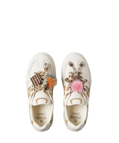 Fendi Match Low Top Platform In White Leather With Charm Women In Neutral
