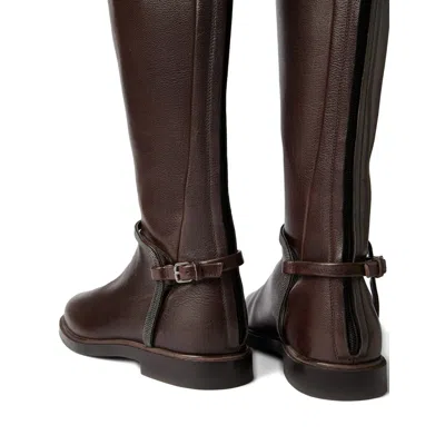 Brunello Cucinelli Classic Leather Boot With Precious Spurs In Brown