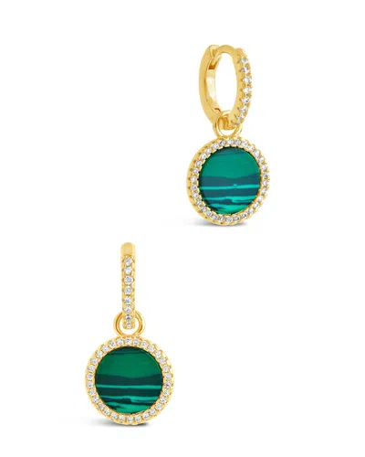 Sterling Forever Cz & Malachite Disc Drop Micro Hoop Earrings In Gold