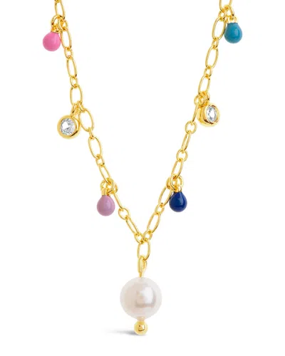 Sterling Forever 14k Plated Pearl Cz Charm Necklace In Multi