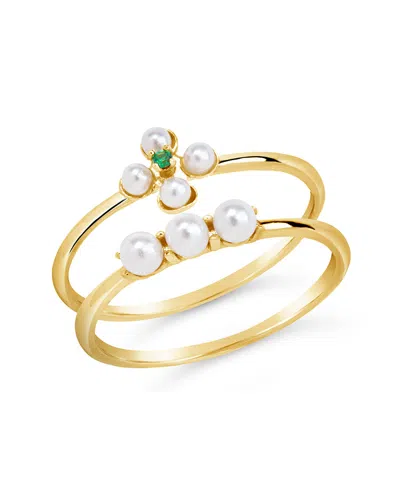 Sterling Forever Sterling Silver Cara Cz & Pearl Stacking Ring Set In Gold
