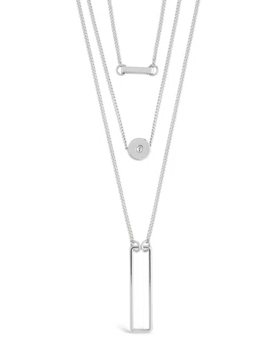 Sterling Forever Rhodium Plated Cz Disk & Open Bar Layered Necklace In Metallic