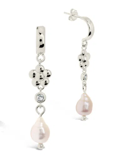 Sterling Forever June Cz Flower & Pearl Hoop Earrings In Metallic