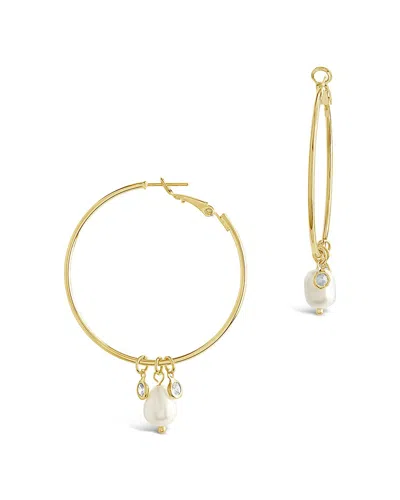 Sterling Forever Pearl And Bezel Cz Hoops In Gold