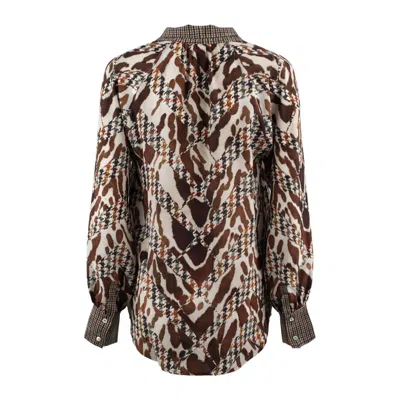 Pierre-louis Mascia Long Sleeve Houndstooth Patterned Shirt In Silk In Brown