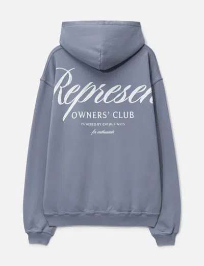 Represent Mens Owners Club Script Logo-print Cotton Hoody Dusty Blue In Gray