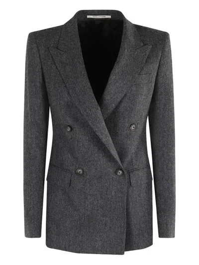 Tagliatore Double-breasted Herringbone Blazer With Notched Lapel In Black