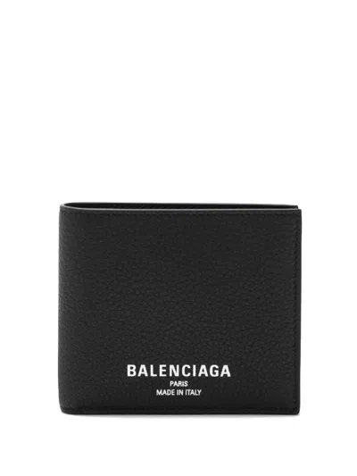Balenciaga Men Black Bi-fold Wallet With Logo Lettering On The Front In Grained Leather Man In Black