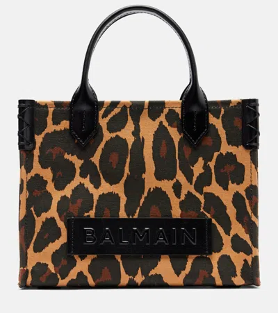 Balmain B-army Small Shopper Shoulder Bag In Leopard-print Canvas In Brown