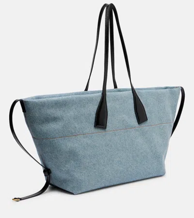 Balmain Track Shoulder Bag In Denim And Calfskin Leather In Blue