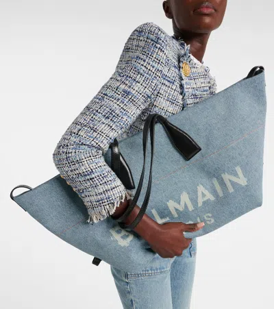 Balmain Track Shoulder Bag In Denim And Calfskin Leather In Blue