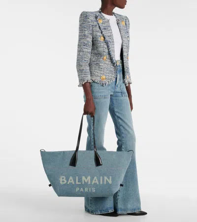 Balmain Track Shoulder Bag In Denim And Calfskin Leather In Blue
