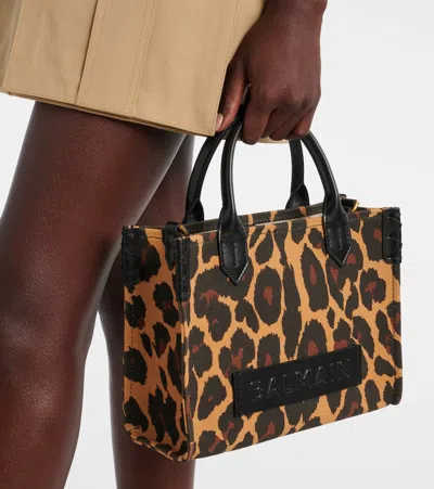 Balmain B-army Small Shopper Shoulder Bag In Leopard-print Canvas In Brown