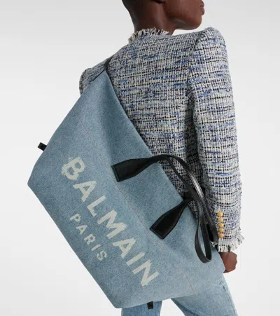 Balmain Track Shoulder Bag In Denim And Calfskin Leather In Blue