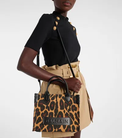 Balmain B-army Small Shopper Shoulder Bag In Leopard-print Canvas In Brown