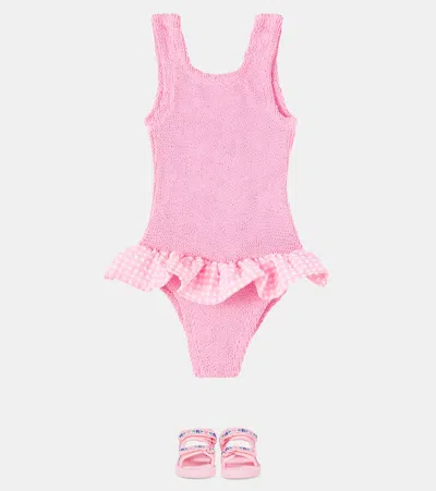 Hunza G Denise Gingham Ruffled Swimsuit In Pink