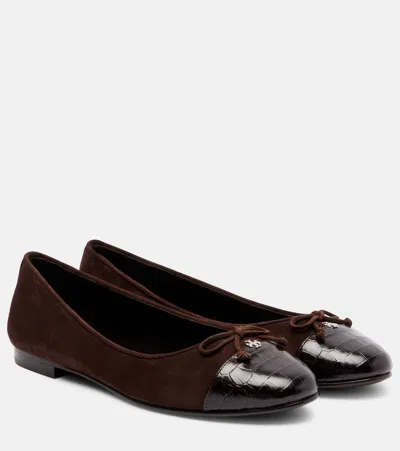 Tory Burch Cap Toe Croc-effect Suede Ballet Flats In Brown
