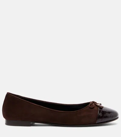 Tory Burch Cap Toe Croc-effect Suede Ballet Flats In Brown