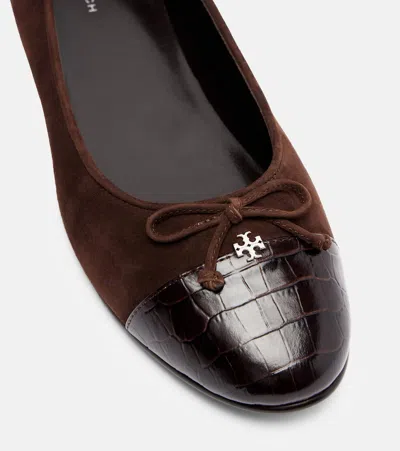Tory Burch Cap Toe Croc-effect Suede Ballet Flats In Brown