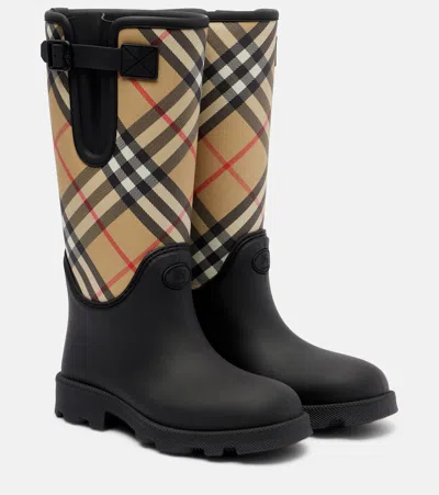Burberry Woven Check Rain Boots With Adjustable Buckle And Equestrian Design In Black