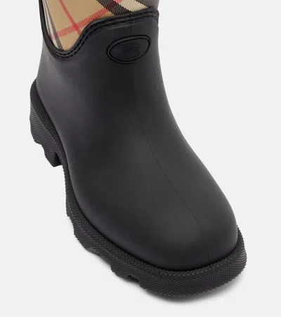 Burberry Woven Check Rain Boots With Adjustable Buckle And Equestrian Design In Black