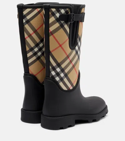 Burberry Woven Check Rain Boots With Adjustable Buckle And Equestrian Design In Black