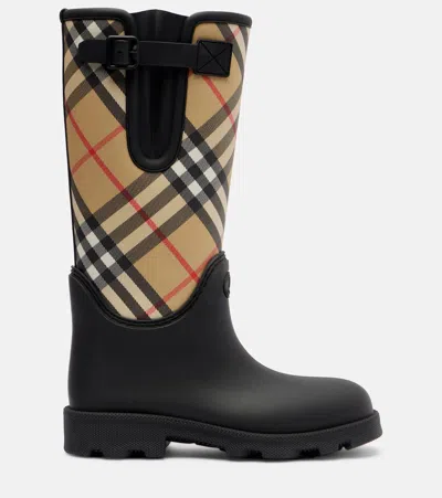 Burberry Woven Check Rain Boots With Adjustable Buckle And Equestrian Design In Black