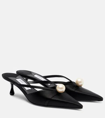Jimmy Choo Pointed Toe Kitten Heel Sandals With Pearl Embellishment In Black