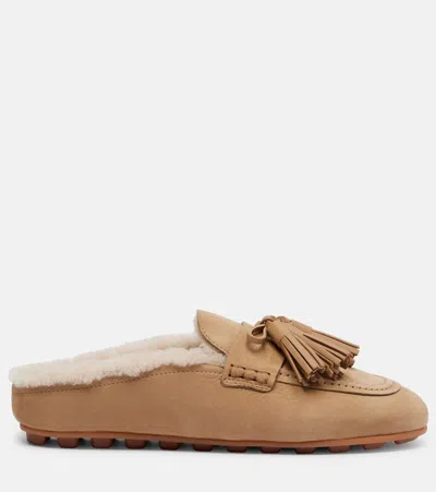 Hogan H693 Shearling-lined Leather Mules In Brown