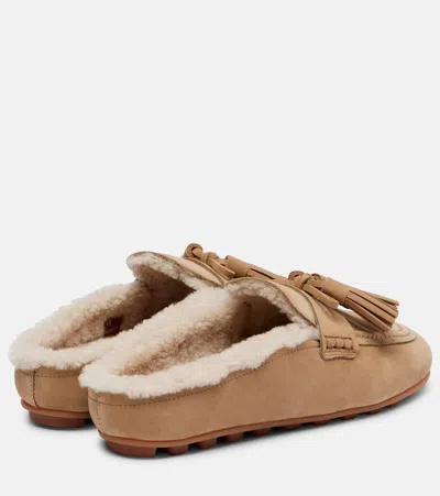 Hogan H693 Shearling-lined Leather Mules In Brown
