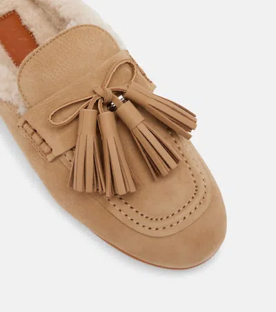 Hogan H693 Shearling-lined Leather Mules In Brown