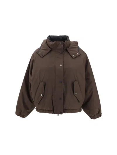 Brunello Cucinelli Green Jacket With Fixed Hood With Snap Buttons In Brown