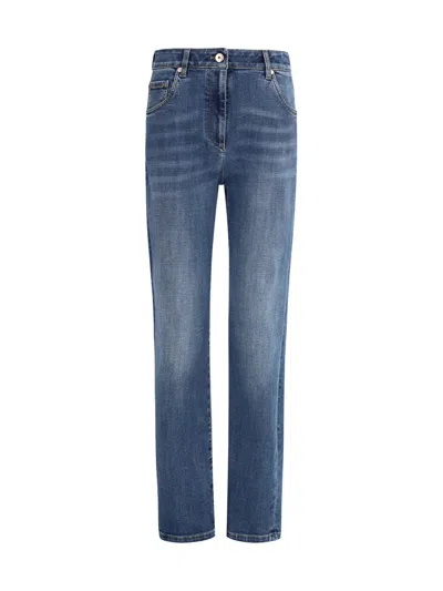 Brunello Cucinelli Embellished Skinny Cotton Jeans With Contrast Stitching In Blue