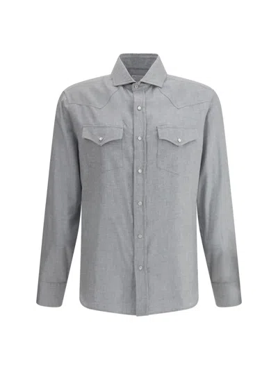 Brunello Cucinelli Double-pocket Long-sleeve Shirt In Gray
