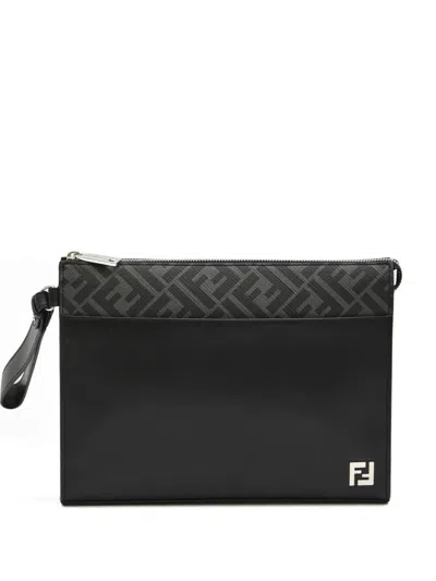 Fendi Leather And Canvas Ff Squared Clutch Bags In Black