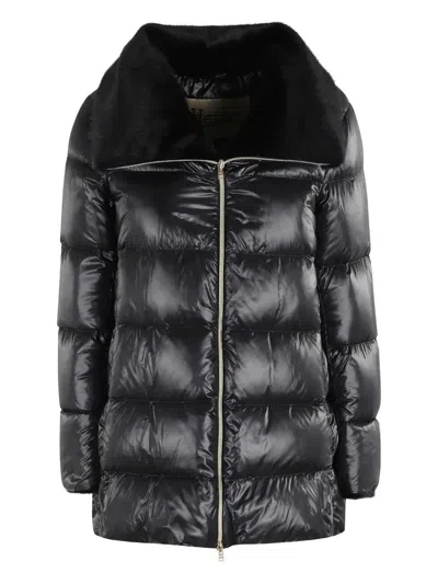 Herno A Shape Ultralight Down Jacket With Eco Fur Collar In Black