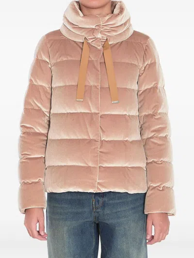 Herno Quilted Velvet Drawstring High Collar Jacket In Brown