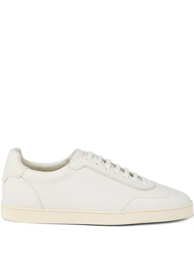 Brunello Cucinelli Smooth Leather Sneakers With Minimalist Design In Neutral