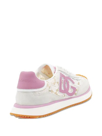 Dolce & Gabbana White Low Top With Lace Details And Dg Patch On The Side In Pink