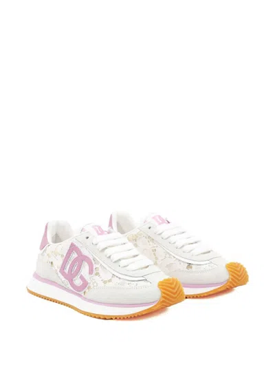 Dolce & Gabbana White Low Top With Lace Details And Dg Patch On The Side In Pink