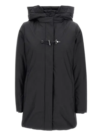 Fay Hooded Black Jacket With Quilted Detailing And Toggle Closure In Black