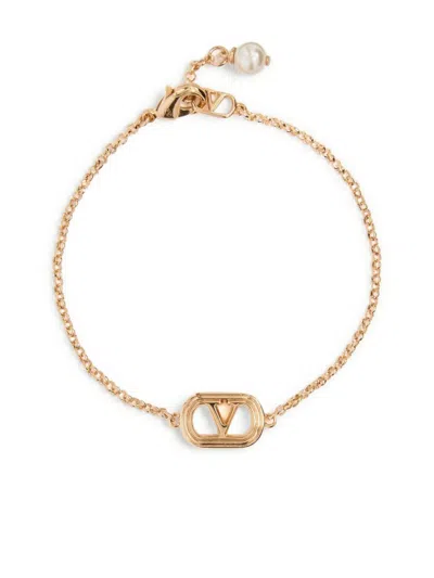 Valentino Adjustable Chain Link Bracelet With Pearl Detail In Gold