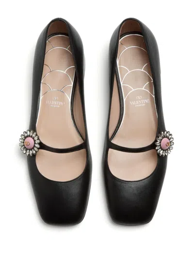 Valentino Embellished Leather Mary Jane Flats In Black